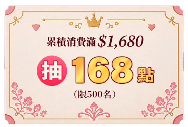 累積消費滿 1,680 元抽 168 點，限 500 名
